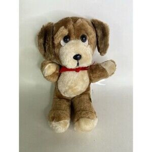 Vintage Puppy Dog Plush Brown Beige Stuffed Animal Soft Things with Red Bow